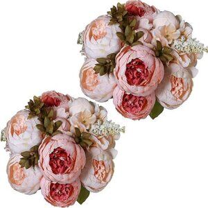 2pcs Vintage Artificial Peony Silk Flowers Bouquet (Light Pink Bud)